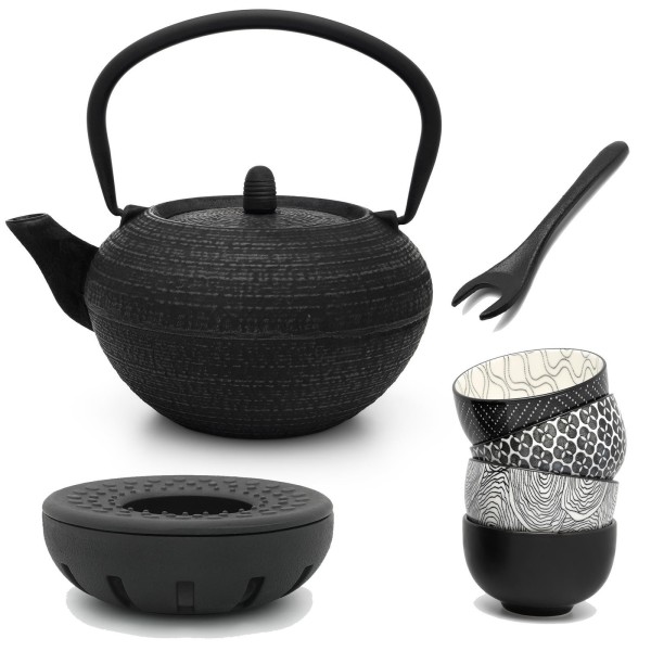 schwarze Gusseisen Teekanne Set 1.2 L & 4 Porzellanbecher Teewärmer  Deckelheber | MM-ComSale