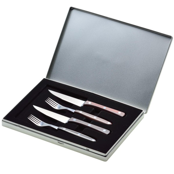 Giesser Steak-Besteck Set 4-tlg. Messer & Gabel Olivenholz-Griffe & gezahnte Spitze