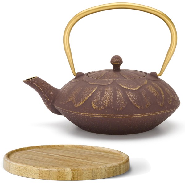 Bredemeijer violette Asia Guss-Teekanne 1.3 Liter mit braunem Holz-Untersetzer