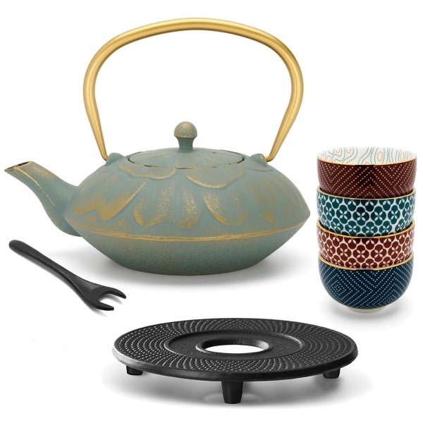 Bredemeijer Asia Guss-Teekannen Set 1.3 Liter blau mit Untersatz & Deckelheber & 4 Porzellan Teeschalen