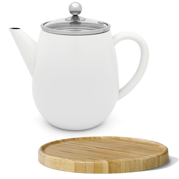 Bredemeijer weiße doppelwandige Edelstahl Teekanne 1.1 L & brauner Holzuntersetzer