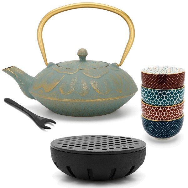 Bredemeijer Asia Guss-Teekannen Set 1.3 Liter blau mit Teewärmer & Deckelheber & 4 Porzellan Teeschalen