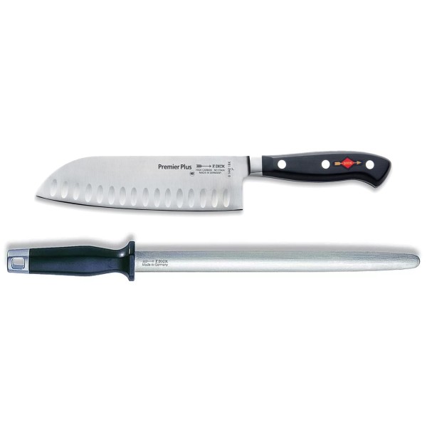 Dick Premier Plus Santoku Messer 18 cm Kullenschliff & ovaler Standard Wetzstahl 30 cm