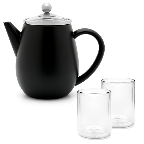 Bredemeijer Mini Teekanne 0.5 Liter schwarz doppelwandig mit Glasdeckel & 2 Glas-Teebecher