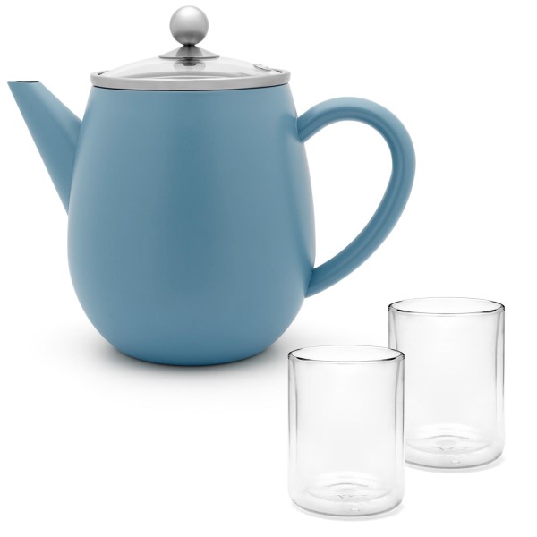 Bredemeijer doppelwandige Teekanne 1.1 Liter blau mit Glasdeckel & 2 Glas-Teebecher