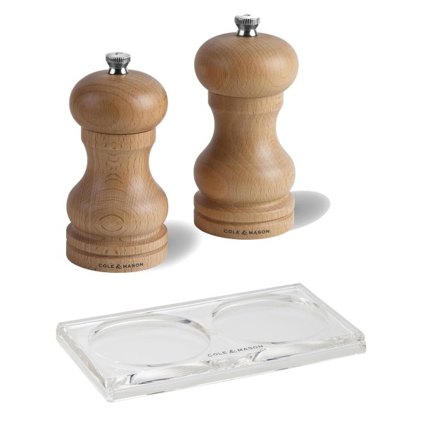 Cole & Mason kleines 3-tlg. Holz Salz- & Pfeffermühlen Set 12 cm gebeiztes Buchenholz & Acryl Tablett