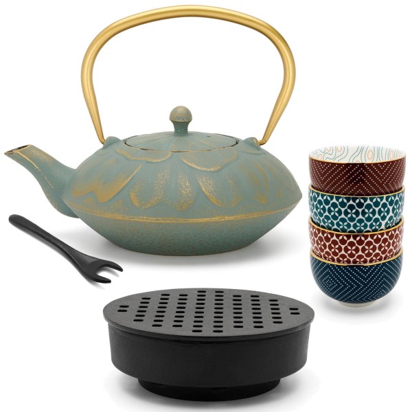 Bredemeijer Asia Guss-Teekannen Set 1.3 Liter blau mit Stövchen & Deckelheber & 4 Porzellan Teeschalen