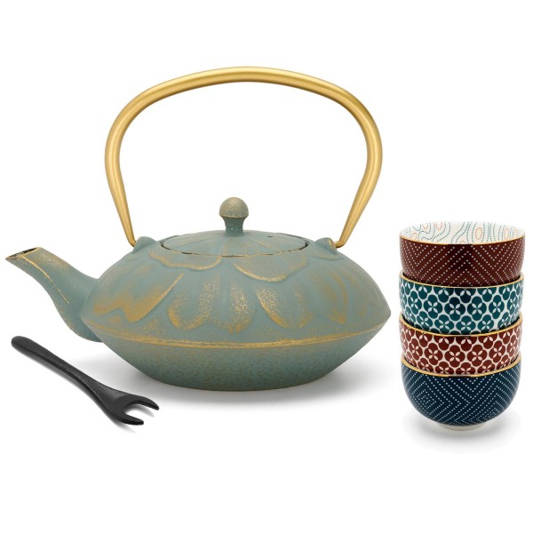 Bredemeijer Asia Guss-Teekannen Set 1.3 Liter blau mit Deckelheber & 4 Porzellan Teeschalen