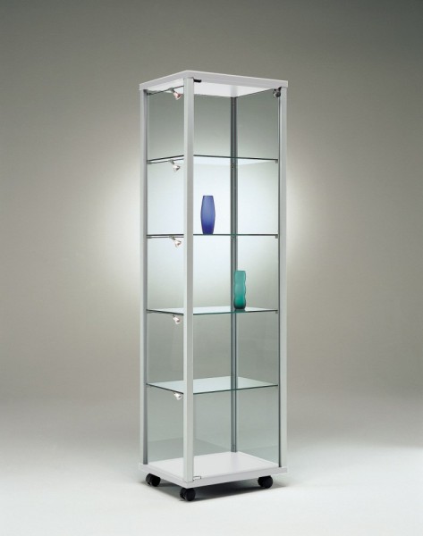 schmale stabile Ausstellungsvitrine Sicherheitsglas abschließbar 50 cm mit Glasrückwand / auf Rollen