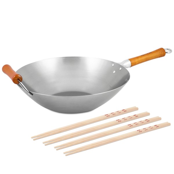 Ken Hom großer XL Stielwok 36 cm Induktion Karbonstahl unbeschichtet & 8er Stäbchen Set