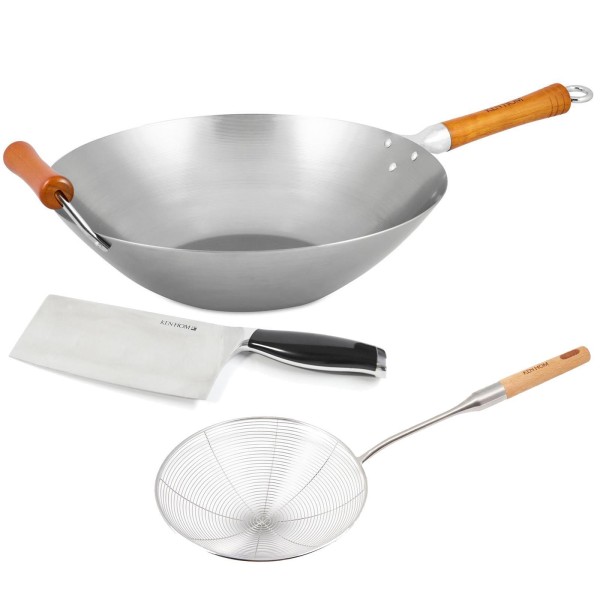 Ken Hom 3-tlg. Wok Set 36 cm Induktion Karbonstahl unbeschichtet mit Schaumlöffel & Hackmesser