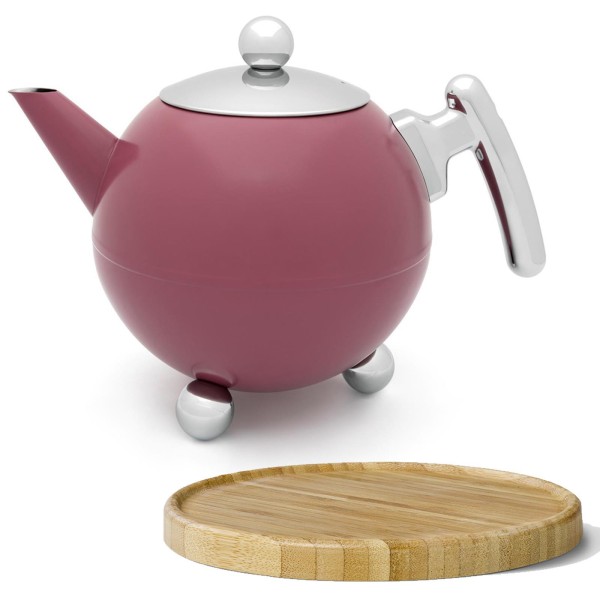 Bredemeijer violette doppelwandige Edelstahl Teekanne 1.2 L & brauner Holzuntersetzer
