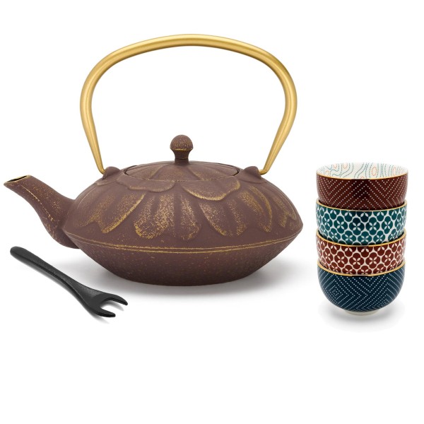 Bredemeijer Asia Guss-Teekannen Set 1.3 Liter lila mit Deckelheber & 4 Porzellan Teeschalen