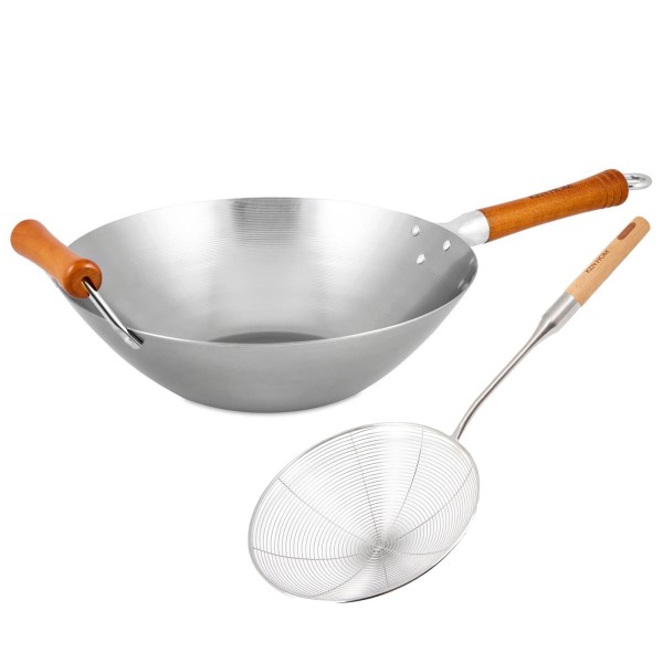 Ken Hom Wok Set 32 cm Induktion unbeschichteter Karbonstahl mit Holz-Griff & Schaumlöffel