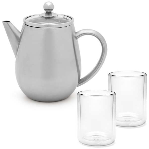 Bredemeijer Mini Teekanne 0.5 Liter silber doppelwandig mit Glasdeckel & 2 Glas-Teebecher